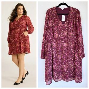 NEW Time and Tru Floral V-Neck Dress in Merlot Wine Daisy Print Pink & Red Sz 1X